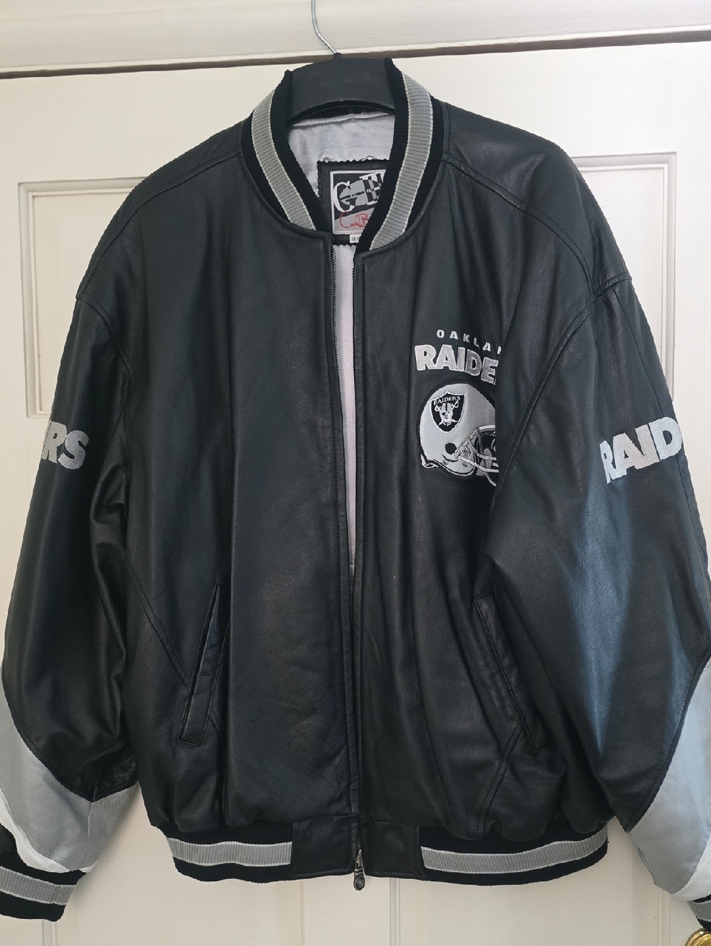 Oakland Raiders Black Leather Bomber Jacket